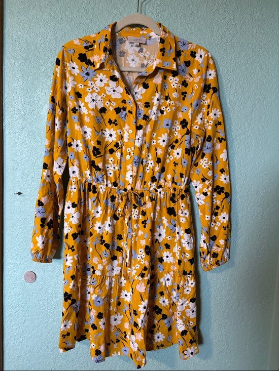 LOFT Dresses & Skirts - LOFT Outlet Mustard Floral Button-Front Drawstring Waist Dress, Medium, like new